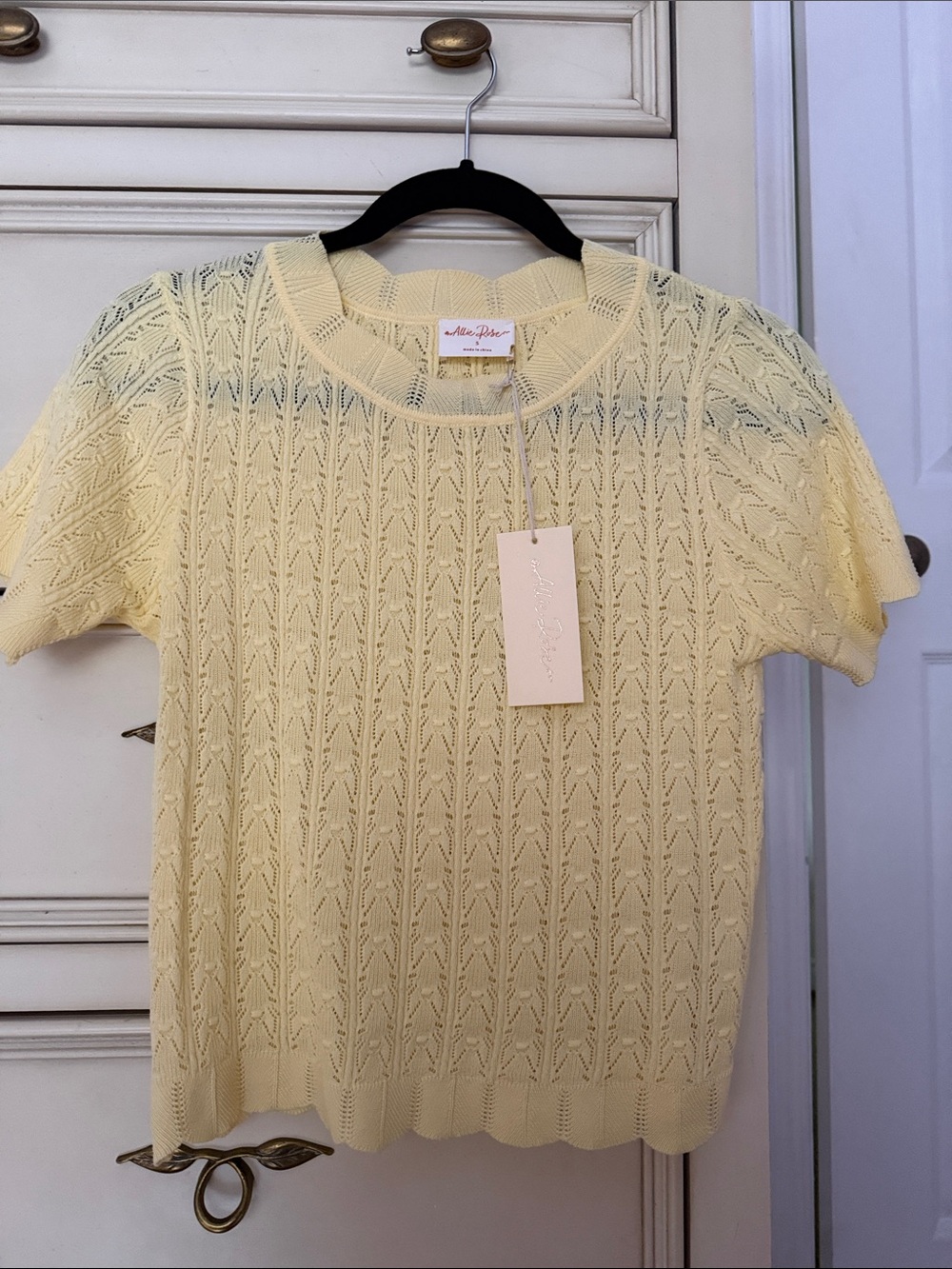 Allie Rose Pointelle Knit Top Scallop Yellow size Small